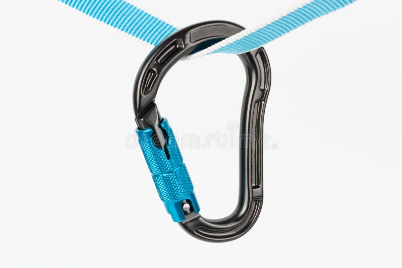 New black HMS carabiner  with automatic twist lock , carabiner climbing  equipmenton  sewn loop sling on white background. New black HMS carabiner  with automatic twist lock , carabiner climbing  equipmenton  sewn loop sling on white background.