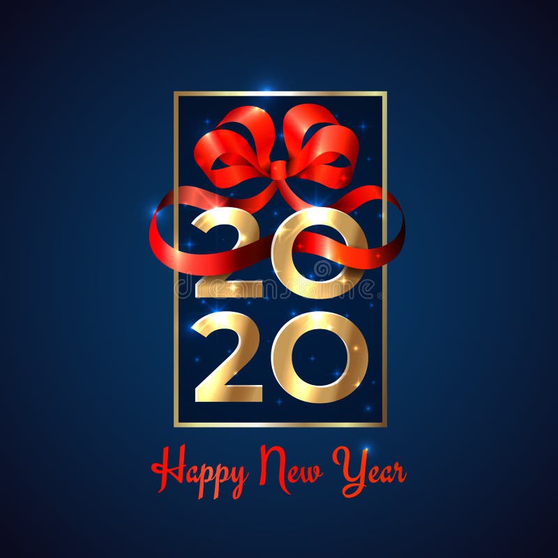 Nieuwjaar 2020 Vakantiekaart Glanzend gouden 2020 op cadeaudoos met rood lint, buig op een donkere achtergrond Nieuwjaarsontwerp royalty-vrije illustratie Nieuwjaar 2020 Vakantiekaart Glanzend gouden 2020 op cadeaudoos met rood lint, buig op een donkere achtergrond Nieuwjaarsontwerp royalty-vrije illustratie