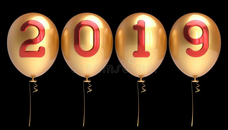 Nieuwjaarsdag 2019 gouden rode aantallen de van vier rijen van partijballons vector illustratie Nieuwjaarsdag 2019 gouden rode aantallen de van vier rijen van partijballons vector illustratie
