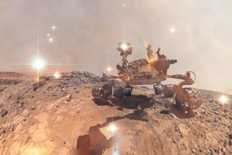 Nieuwsgierigheid Mars die Rover de oppervlakte van rode planeet onderzoeken stock afbeelding Nieuwsgierigheid Mars die Rover de oppervlakte van rode planeet onderzoeken stock afbeelding