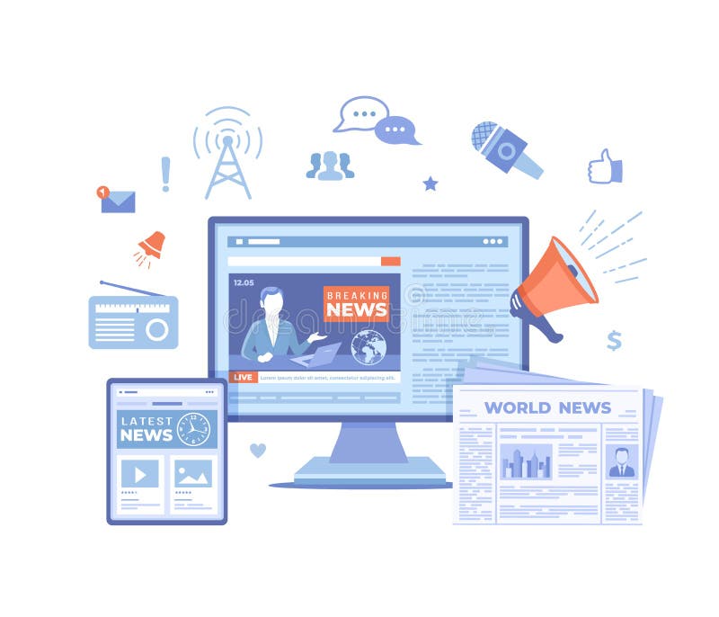 Nieuwsupdate, Online nieuws Brekende nieuwswebsite met omroep op het monitor en tabletscherm, krant, radio informatie vector illustratie Nieuwsupdate, Online nieuws Brekende nieuwswebsite met omroep op het monitor en tabletscherm, krant, radio informatie vector illustratie