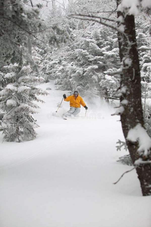 Nieve experta del polvo del esquí del esquiador en Stowe, Vermont, imagenes de archivo Nieve experta del polvo del esquí del esquiador en Stowe, Vermont, imagenes de archivo