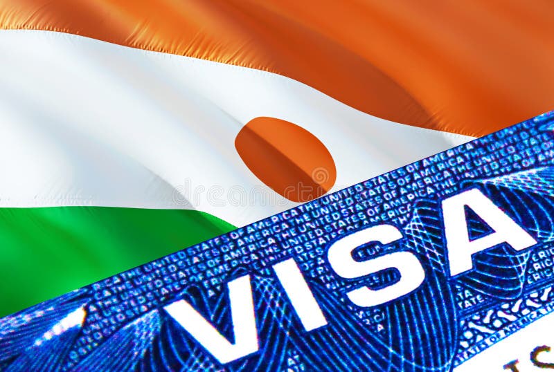 Niger visa document close up. Passport visa on Niger flag. Niger visitor visa in passport,3D rendering. Niger multi entrance in stock illustration