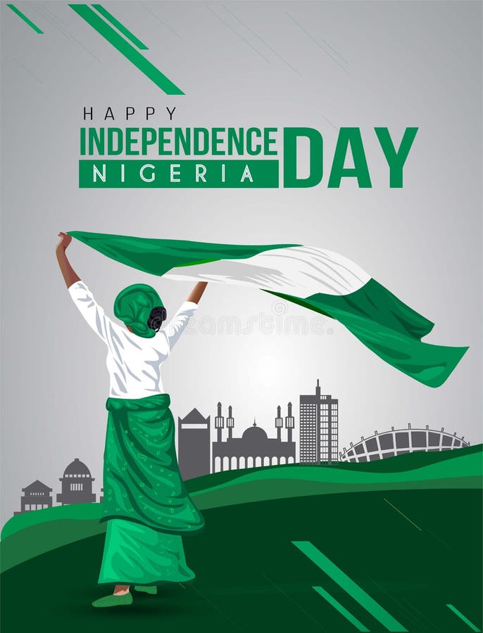 Nigerian Girl Waving Flag Her Hands. 1st October Happy Independence Day