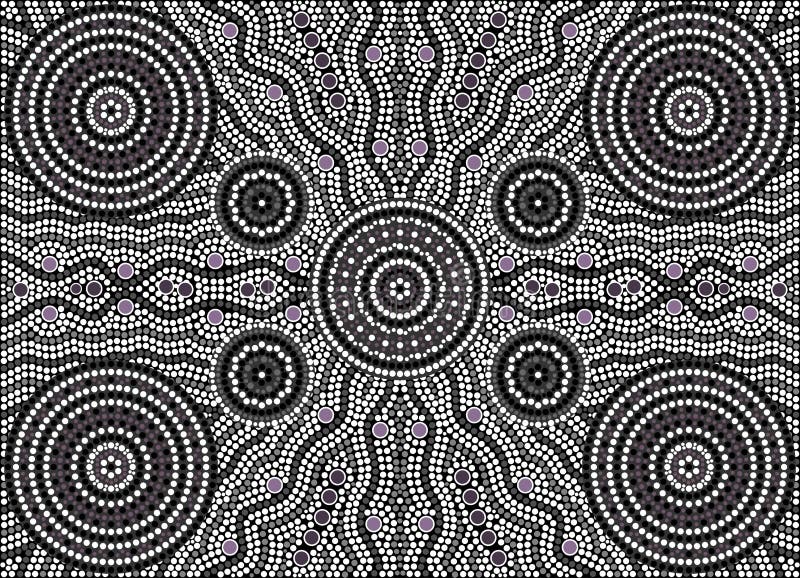 A illustration based on aboriginal style of dot painting depicting at night. Australian aboriginal border illustrations