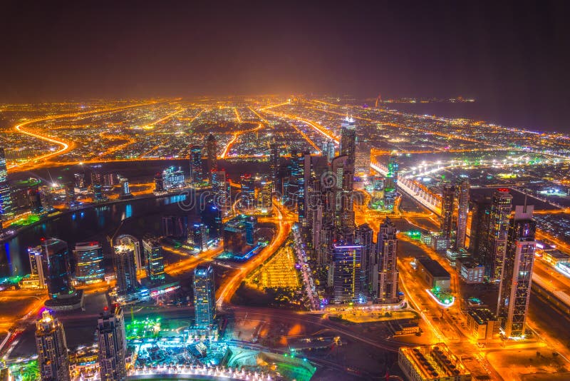 Night Aerial View of Downtown Dubai from the Burj Khalifa Skyscraper