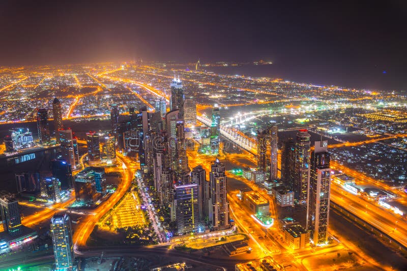 Night Aerial View of Downtown Dubai from the Burj Khalifa Skyscraper