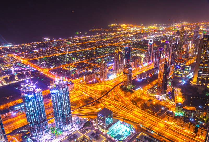 Night Aerial View of Downtown Dubai from the Burj Khalifa Skyscraper