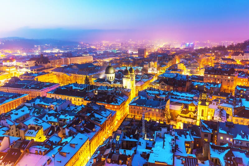 Night aerial view of Lviv, Ukraine stock photo