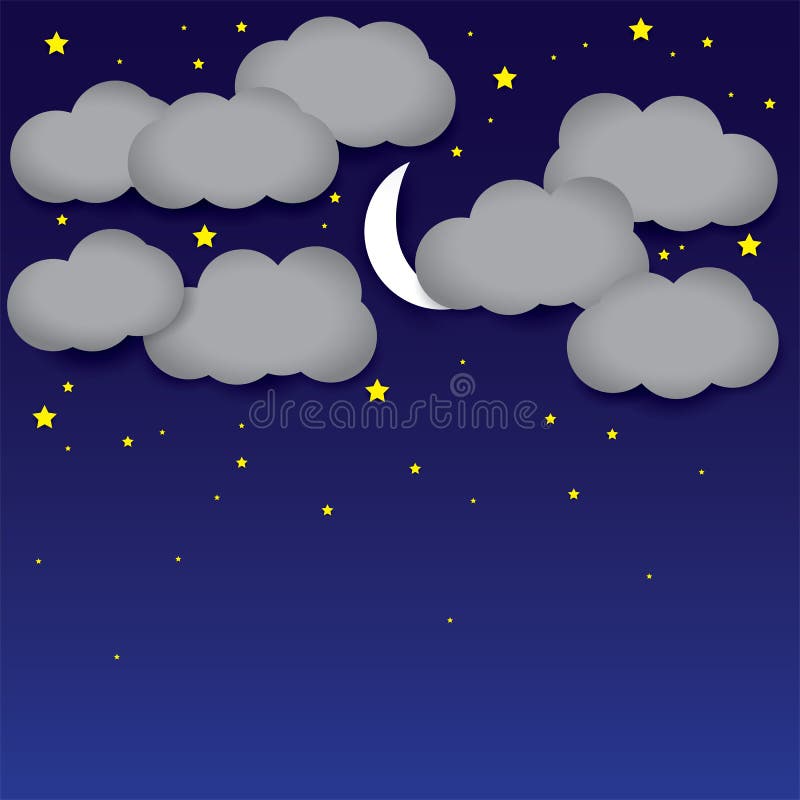 Night background- white paper clouds, night sky, moon, stars