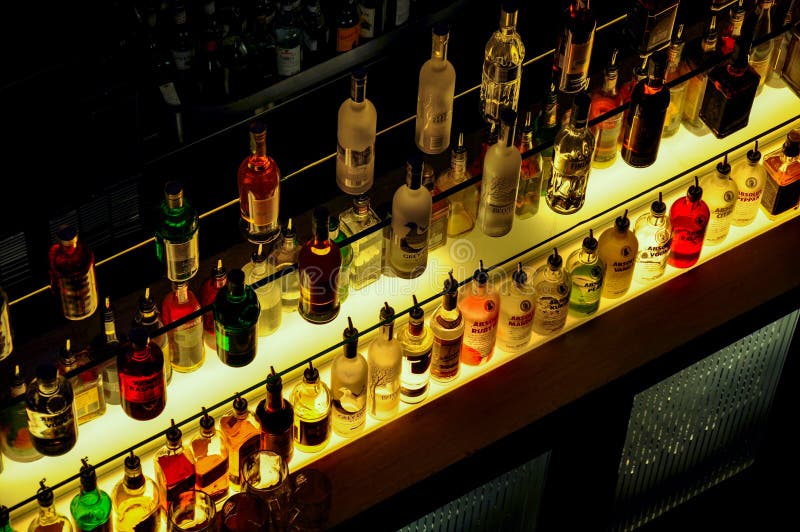Night Bar Full of Expensive Bottles of Alcohol Stock Photo Image of