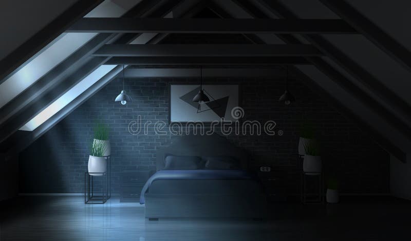 Night bedroom on attic, empty moonlight interior