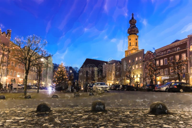 Night in Burghausen, Germany - Watercolor style