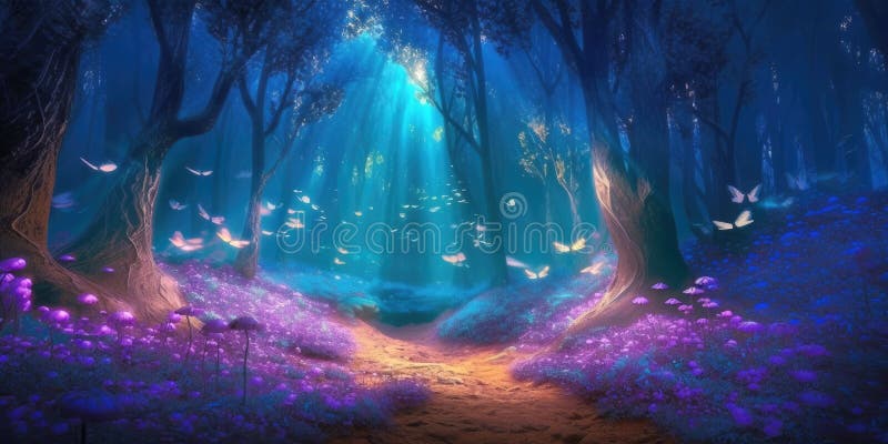 Night butterflies dancing in moonlight over mysterious path in enchanted night forest. Generative AI illustration royalty free illustration