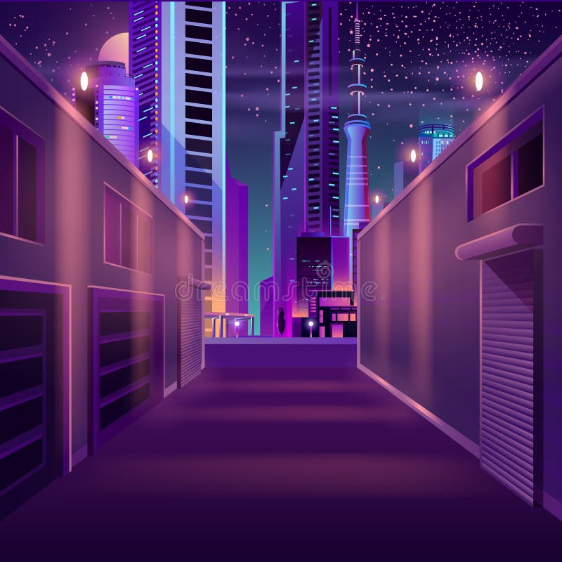 Night city empty side street cartoon vector
