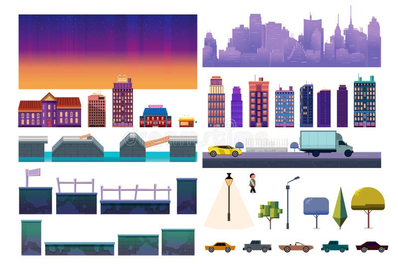 Night City Game Level Kit. Vector collection For Video Game On White Background royalty free illustration