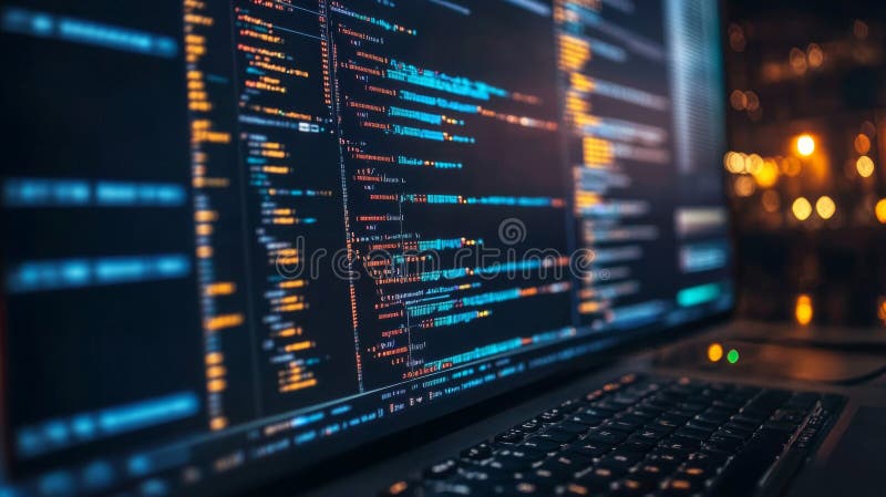 Night City Lights Reflect on Programming Code on Laptop Screen vector illustration