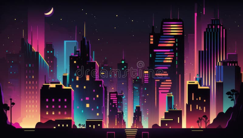 Night City Many Building Illustration with Neon Glow and Vivid Colors ...