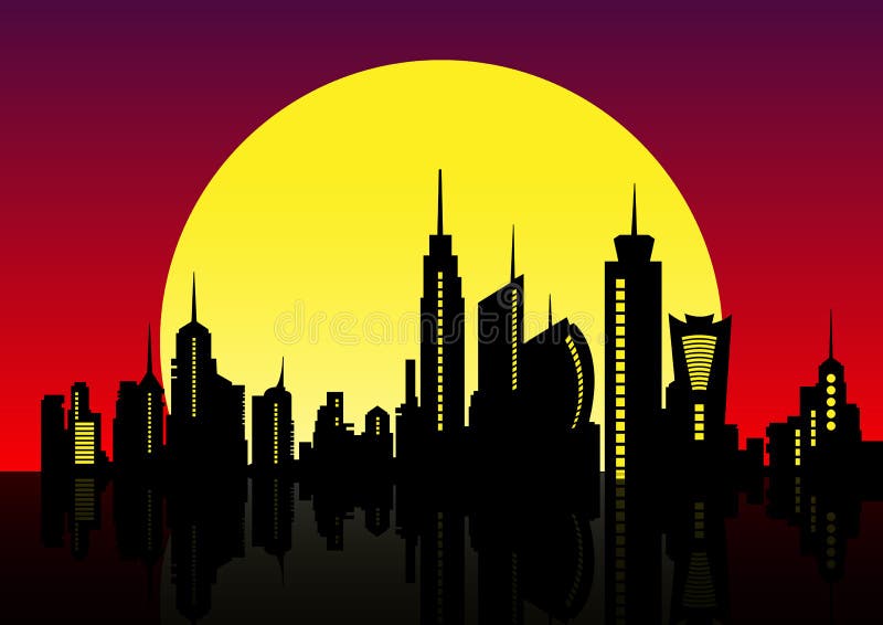 Orizont oraș noapte. Cerul de noapte frumos din peisaj, cu apus roșu deasupra clădirilor orașului, ilustrare vectorială vector illustration