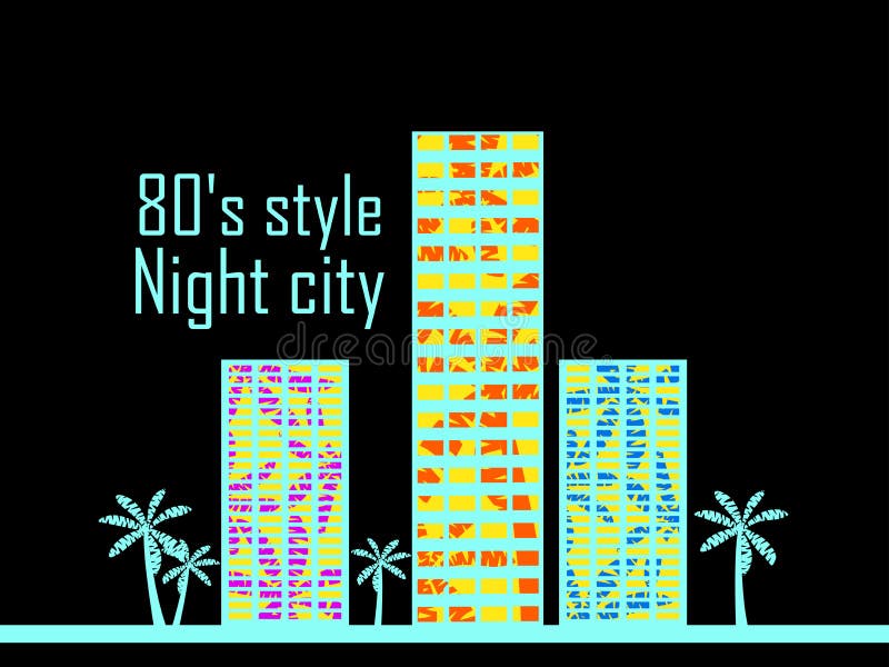 Night city in the style of the 80s. Houses with palm trees poster. Vector royalty free illustration Night city in the style of the 80s. Houses with palm trees poster. Vector royalty free illustration