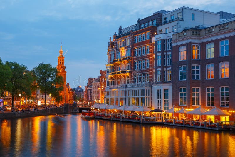 Night City View of Amsterdam Canal, and Bridge Stock Image - Image of ...