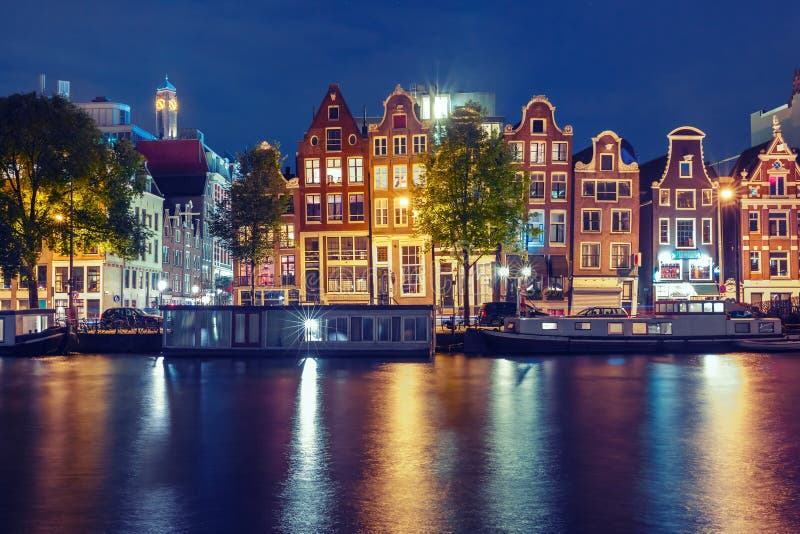 Night City View of Amsterdam Canal with Dutch Houses Stock Image ...