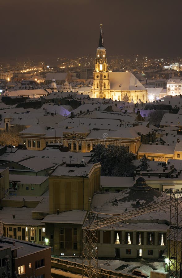 Night city view with St. Michael s Cathedral in Cluj