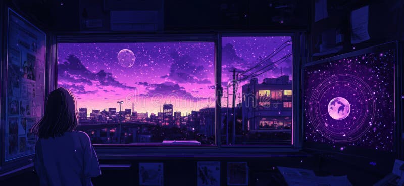 Night cityscape with purple sky, person gazing out window, digital art, serene atmosphere, urban setting, moonlit scene stock images
