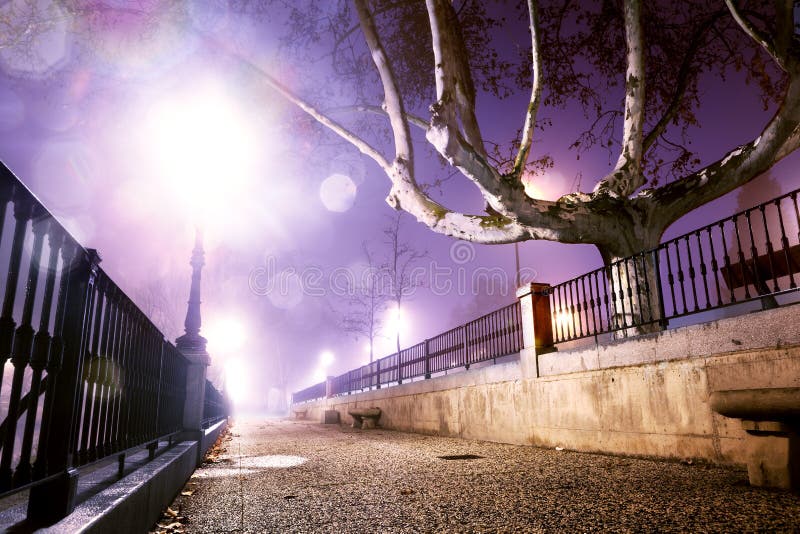 Night cityscape.Urban life.Lamppost and wall