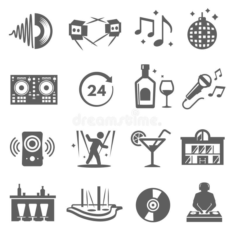 Night Club, Party Icons Set Isolated on White. Music, Disco Ball ...