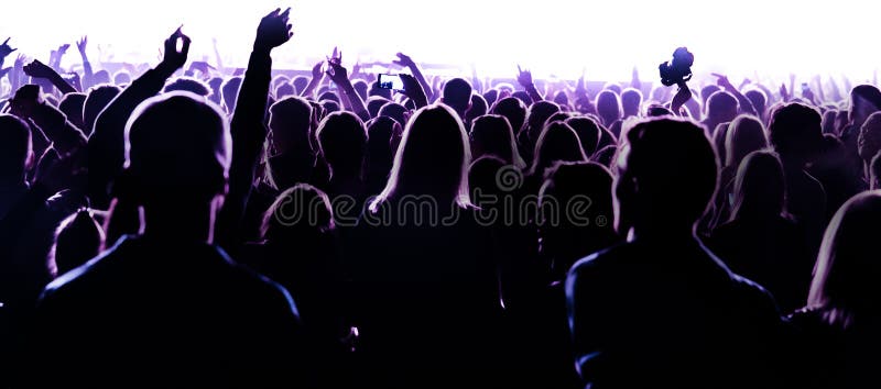 Night Club Silhouette Crowd Hands Up at Confetti Steam Stage Editorial ...