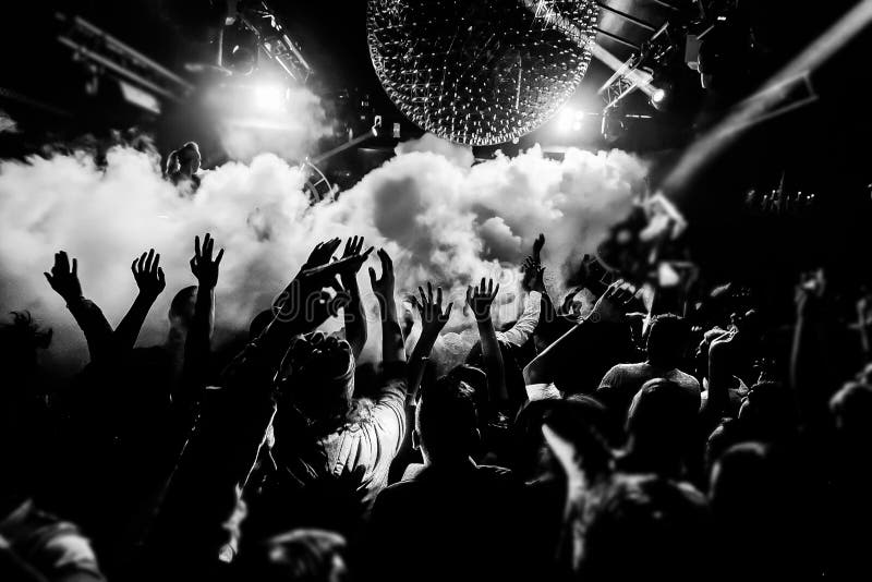 Night Club Silhouette Crowd Hands Up at Confetti Steam Stage Editorial  Photo - Image of happy, arena: 95376116