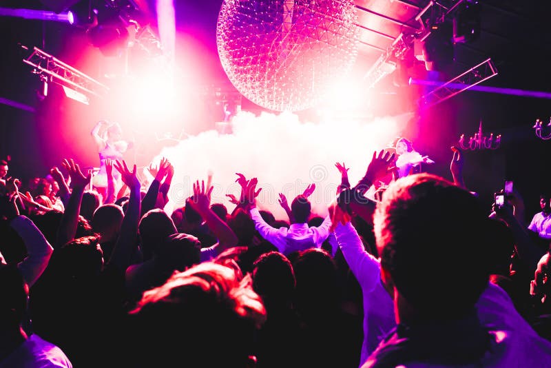Night Club Silhouette Crowd Hands Up at Confetti Steam Stage Editorial  Stock Photo - Image of nightclub, clubbing: 95376148