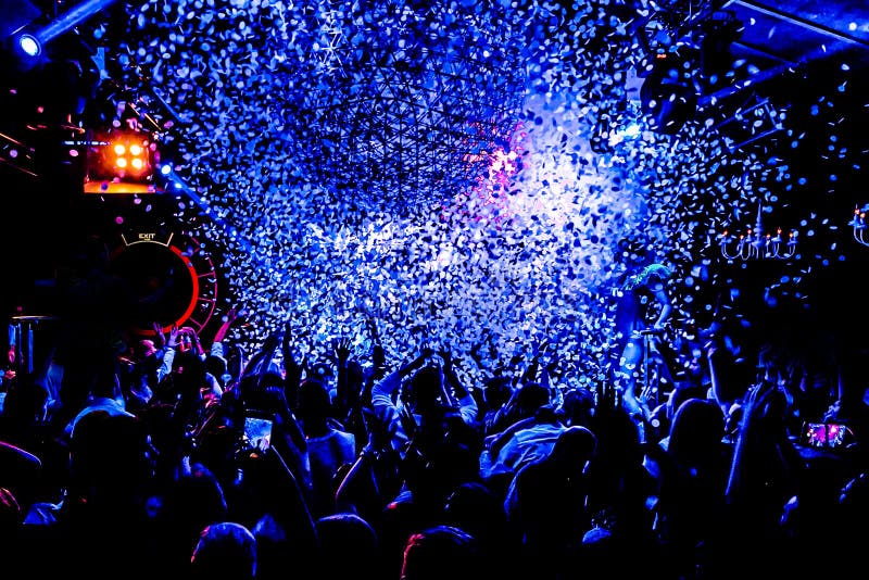 Night Club Silhouette Crowd Hands Up at Confetti Steam Stage Editorial ...