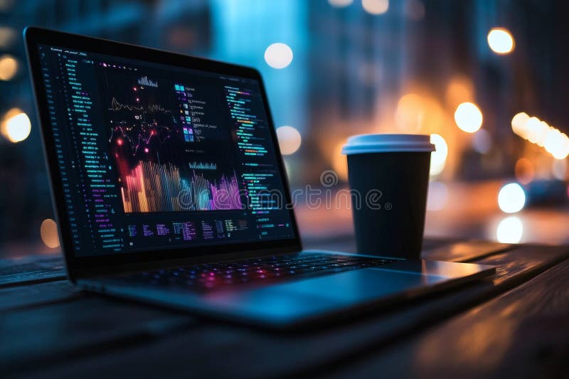 Night coding with coffee and AI charts stock illustration