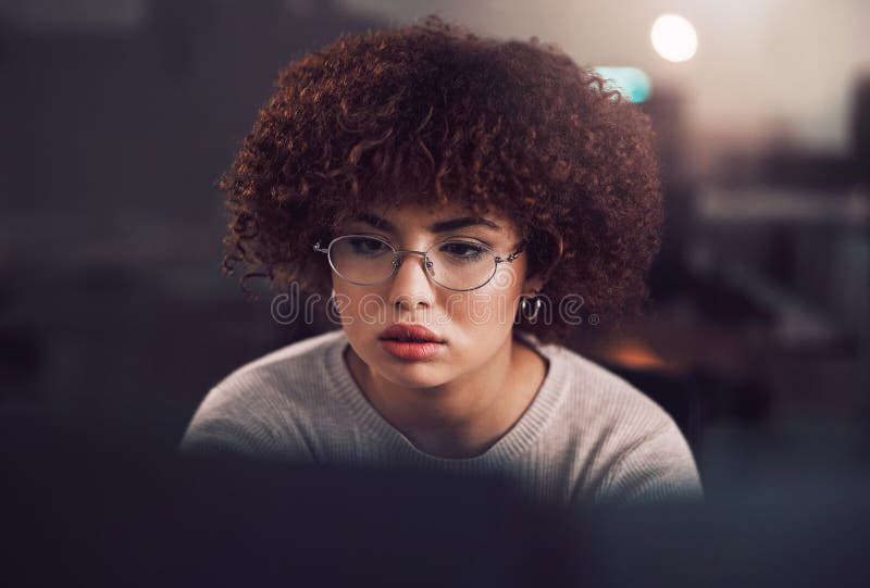 Night, computer and focus of black woman programmer, software developer or cybersecurity internship. Reading, analysis royalty free stock images