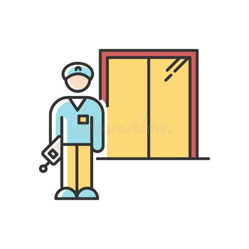 Night dorm watchman RGB color icon. College dormitory janitor. Security guard. Residential hall employee. Hotel security stock illustration Night dorm watchman RGB color icon. College dormitory janitor. Security guard. Residential hall employee. Hotel security stock illustration
