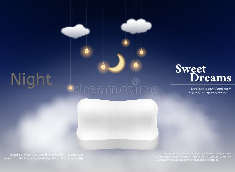 Night Dream Pillow. Advertizing Poster with Orthopedic Pillow Clouds