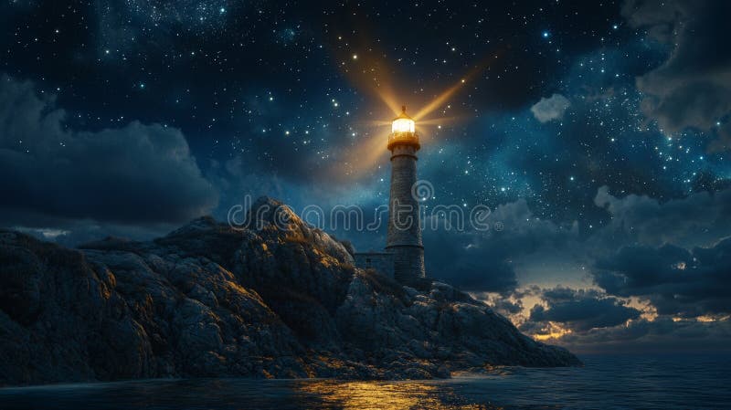 In the night, exploring an abandoned lighthouse beneath a starspeckled sky results in a haunting visual journey royalty free stock image