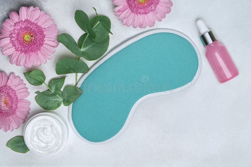 Night Face Care Routine Concept. Top View Sleeping Mask, Moisturizer