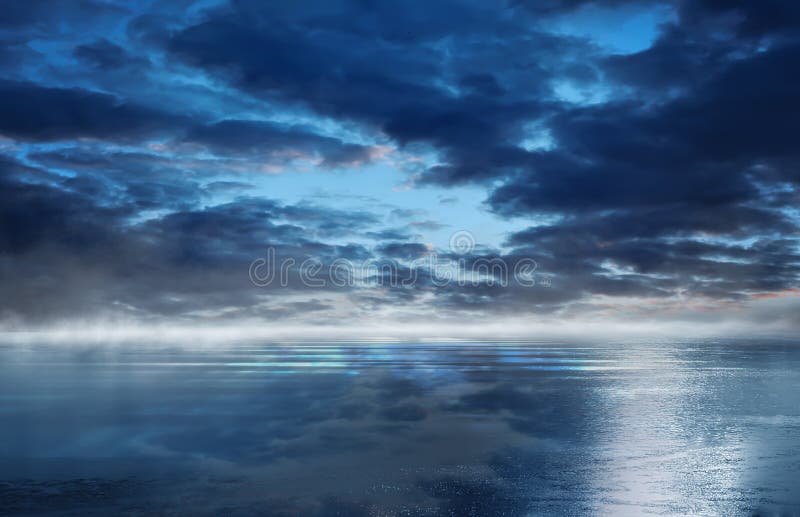 Night futuristic seascape. Reflection of the moon on sea water.