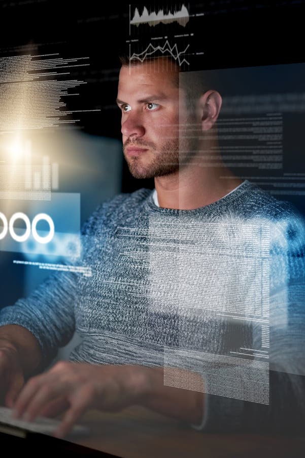 Night, hologram and man with focus, analytics and programming with cyber security, research or thinking. Male person stock photo