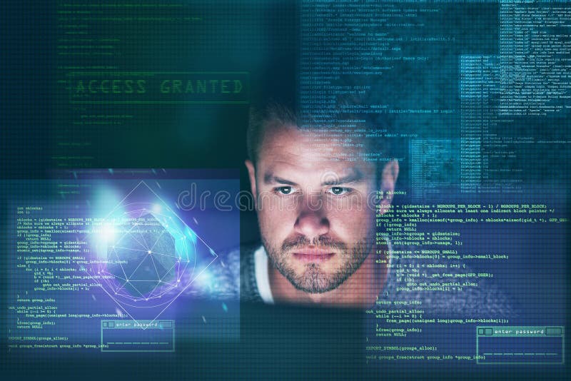 Night, hologram and man with focus, programmer and code with software, analytics and cyber security. Male person royalty free stock images
