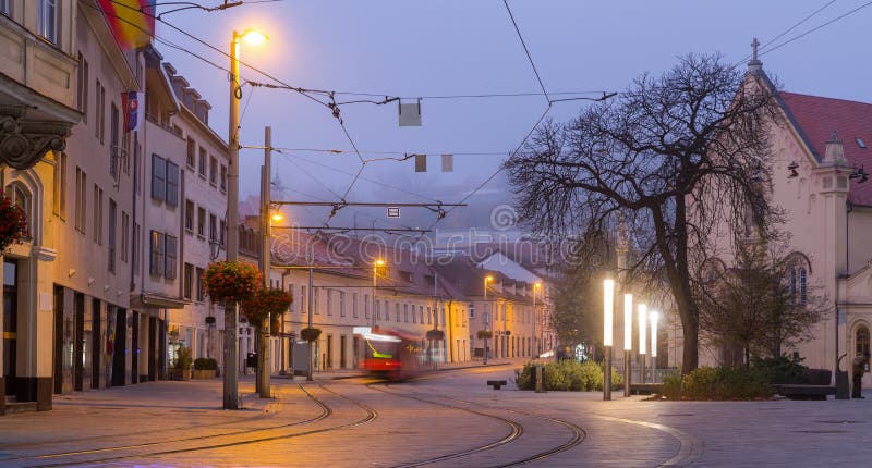 Night illumination of streets in center of Bratislava