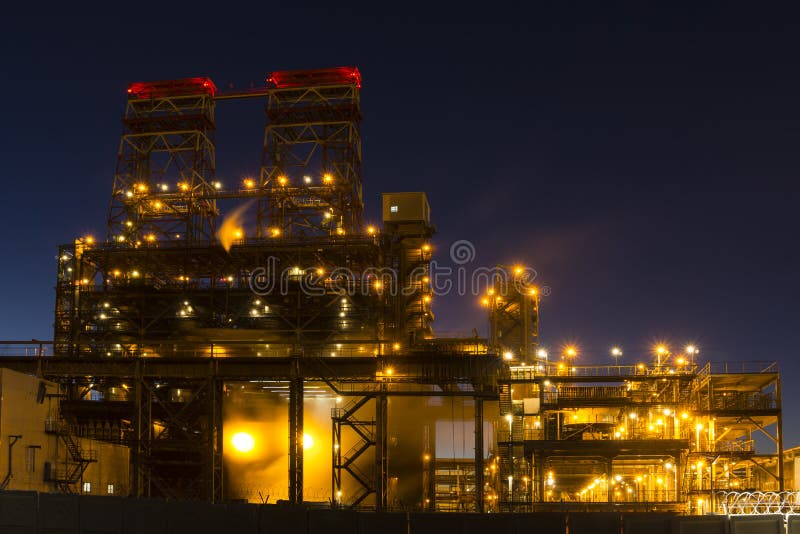 Delayed coking unit, night view