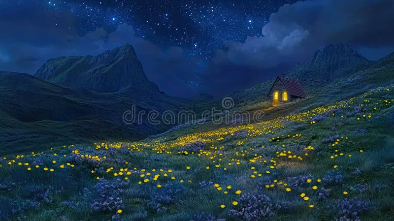 Night landscape, cabin, mountains, stars, flowers royalty free stock photo