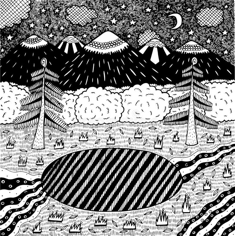 Night landscape with night forest, lake, trees, mountains, river. Hand drawn ink illustration. Coloring page for adults. Vector stock illustration Night landscape with night forest, lake, trees, mountains, river. Hand drawn ink illustration. Coloring page for adults. Vector stock illustration