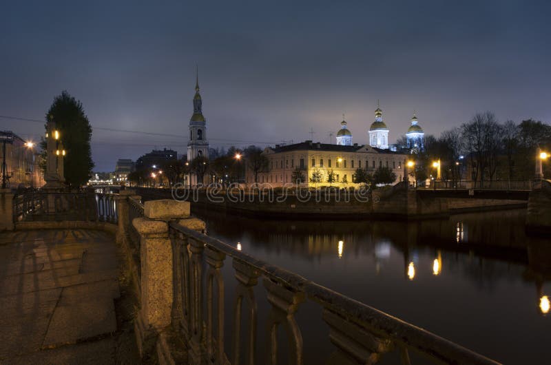 Night landscape with St. Nicholas Naval Cathedral and the bell tower Saint Petersburg, Russia royalty free stock photography Night landscape with St. Nicholas Naval Cathedral and the bell tower Saint Petersburg, Russia royalty free stock photography