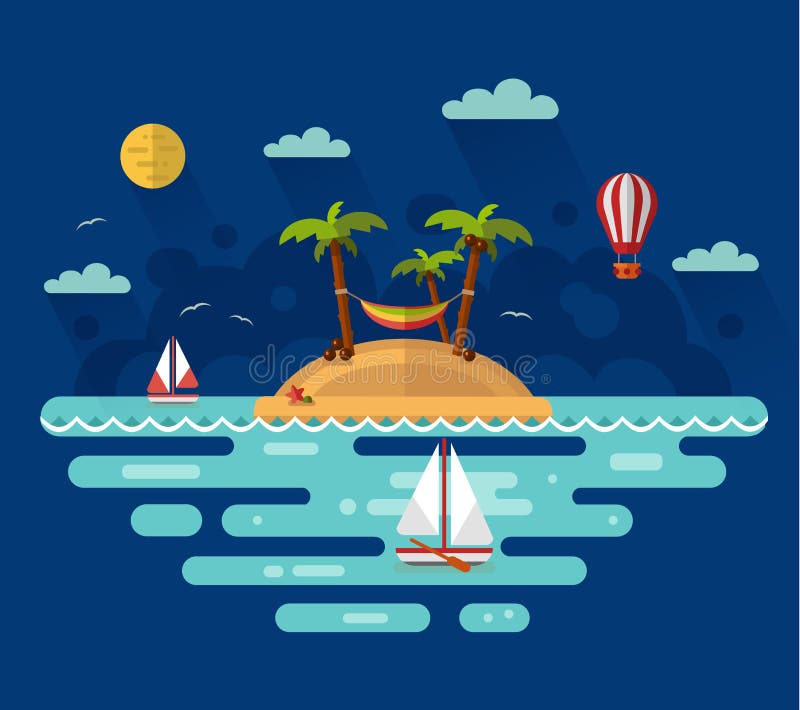 Flat design vector nature night landscape illustration with tropical island, moon, palm, coconut, hammock, sailing boat, air balloon. Summer vacation on tropical island. Perfect holidays concept. Flat design vector nature night landscape illustration with tropical island, moon, palm, coconut, hammock, sailing boat, air balloon. Summer vacation on tropical island. Perfect holidays concept.