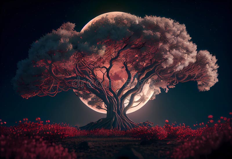 Night landscape view of a huge tree on a full moon night AI generated art